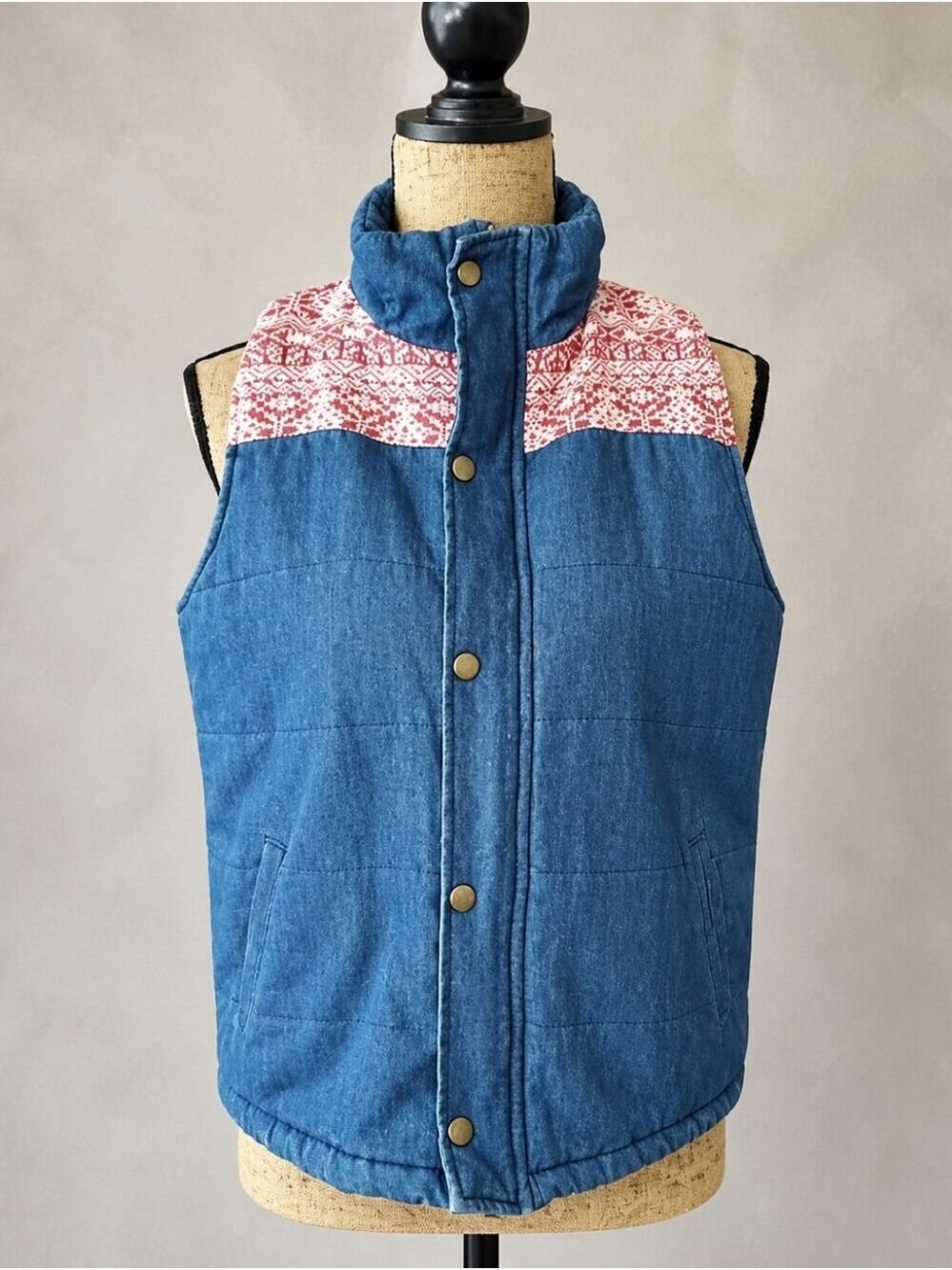 E 2 Western Denim Puffer Jacket Large Full Zip Button
